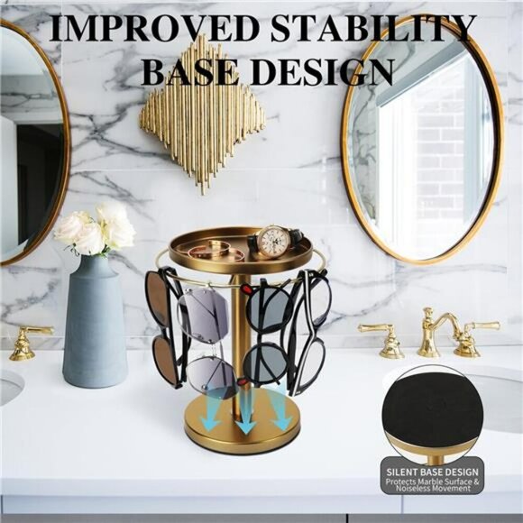 360 Rotating Sunglass Organizer Stand Gold Metal Holder with Jewelry Tray - Picture 5 of 7